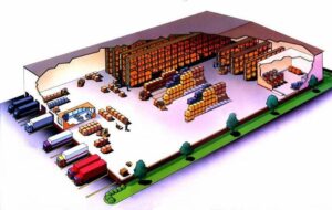 Warehouse interior with trucks and storage shelves.